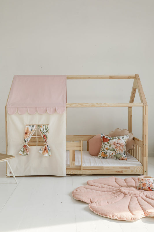 Hemelbed in de vorm van een huisje, roze luifel, decoratie voor meisjeskamer