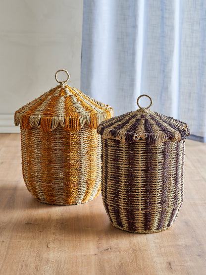 Opbergmanden met deksel van zeegras – Set van 2